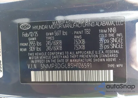 2025 Hyundai Santa Fe Xrt из США, поврежденный, VIN 5NMP3DGL8SH126591